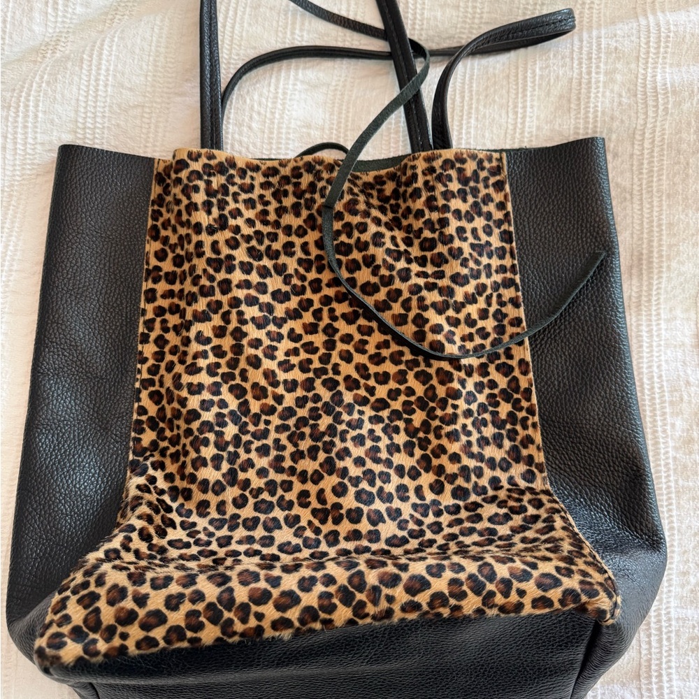 Leopard Print and Black Leather Tote Bag